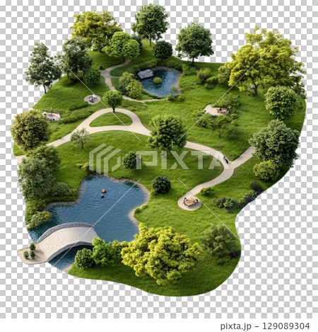 serene park landscape featuring lush greenery, winding paths, and tranquil ponds. scene includes bridge, seating areas, and various trees, creating peaceful outdoor environment 129089304