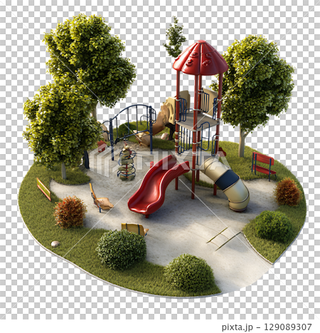 vibrant playground scene featuring colorful play structure with slides, climbing areas, and surrounding greenery. This inviting space is perfect for children to explore and enjoy outdoor activities 129089307