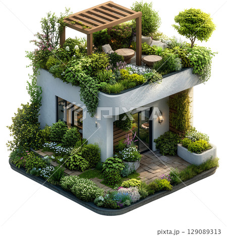 modern house surrounded by lush greenery and vibrant flowers, featuring rooftop garden with seating. serene atmosphere invites relaxation and connection with nature modern house surrounded by lush greenery and vibrant flowers, featuring rooftop garden with seating. serene atmosphere invites relaxation and connection with nature 129089313
