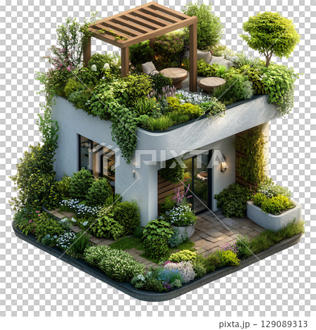 modern house surrounded by lush greenery and vibrant flowers, featuring rooftop garden with seating. serene atmosphere invites relaxation and connection with nature modern house surrounded by lush greenery and vibrant flowers, featuring rooftop garden with seating. serene atmosphere invites relaxation and connection with nature 129089313