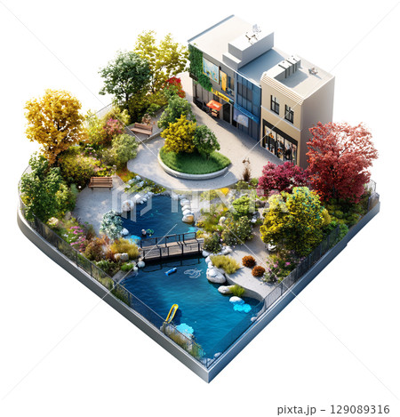 serene landscape featuring modern building surrounded by lush greenery, tranquil pond, and vibrant flowers. scene evokes sense of peace and harmony with nature 129089316