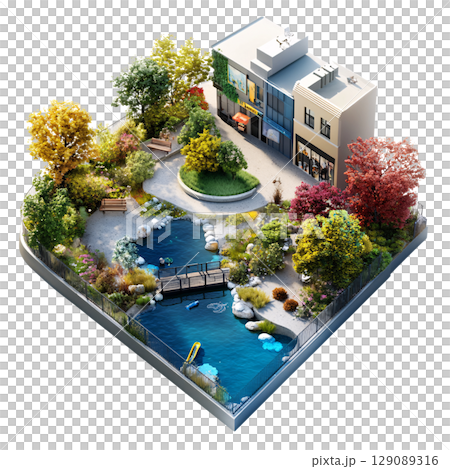 serene landscape featuring modern building surrounded by lush greenery, tranquil pond, and vibrant flowers. scene evokes sense of peace and harmony with nature 129089316