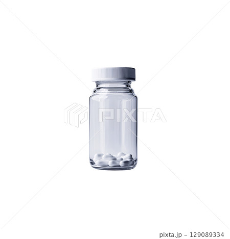 clear glass bottle filled with white pills, showcasing minimalist design. bottle has white cap and is isolated on black background, emphasizing its contents 129089334