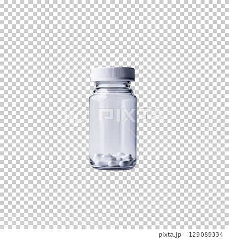 clear glass bottle filled with white pills, showcasing minimalist design. bottle has white cap and is isolated on black background, emphasizing its contents 129089334
