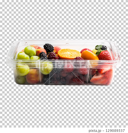 Fresh fruit assortment in clear plastic container, featuring grapes, strawberries, blackberries, raspberries, oranges, and apples, perfect for healthy snacking 129089337