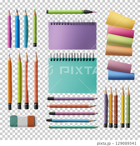 Colorful stationery items including pencils, markers, notepads, and sticky notes arranged neatly. Perfect for creative projects and organization 129089341