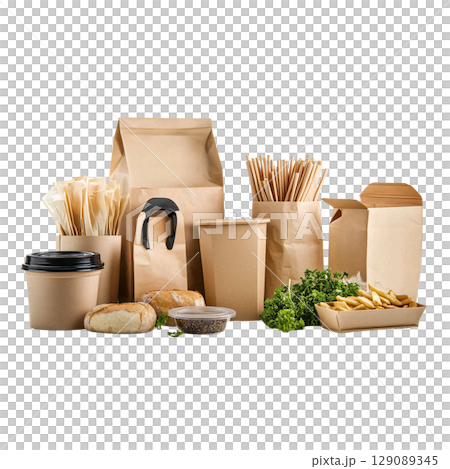 Eco friendly packaging items including paper bags, cups, and containers, ideal for takeout and food delivery. Perfect for restaurants and cafes focusing on sustainability 129089345