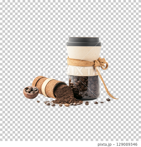 stylish reusable coffee cup with cork band, surrounded by coffee beans and ground coffee, showcasing eco friendly design and sustainability 129089346