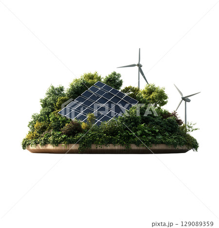 Sustainable energy concept featuring solar panels and wind turbines surrounded by lush greenery, symbolizing eco friendly technology and renewable resources 129089359