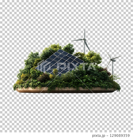 Sustainable energy concept featuring solar panels and wind turbines surrounded by lush greenery, symbolizing eco friendly technology and renewable resources Sustainable energy concept featuring solar panels and wind turbines surrounded by lush greenery, symbolizing eco friendly technology and renewable resources 129089359
