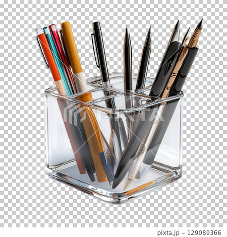 clear glass pen holder filled with various pens and markers, showcasing vibrant assortment of writing instruments. This stylish organizer adds touch of elegance to any workspace clear glass pen holder filled with various pens and markers, showcasing vibrant assortment of writing instruments. This stylish organizer adds touch of elegance to any workspace 129089366