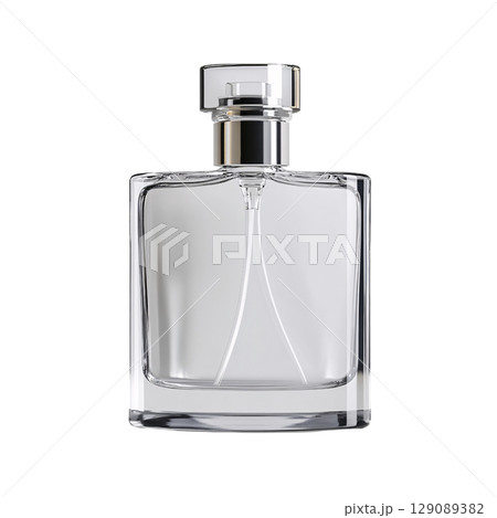 sleek and elegant glass perfume bottle with minimalist design, showcasing its clear liquid. bottle features classic shape and stylish cap, perfect for any fragrance collection 129089382