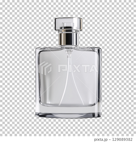 sleek and elegant glass perfume bottle with minimalist design, showcasing its clear liquid. bottle features classic shape and stylish cap, perfect for any fragrance collection 129089382