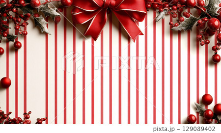 cheerful Christmas template featuring red and white striped background adorned with festive decorations, including large red bow and holly. Perfect for holiday greetings! cheerful Christmas template featuring red and white striped background adorned with festive decorations, including large red bow and holly. Perfect for holiday greetings! 129089402