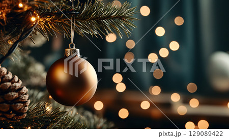 close up of Christmas ornament hanging on tree, surrounded by soft bokeh lights, creating warm and festive atmosphere. golden ornament adds touch of elegance to holiday decor close up of Christmas ornament hanging on tree, surrounded by soft bokeh lights, creating warm and festive atmosphere. golden ornament adds touch of elegance to holiday decor 129089422