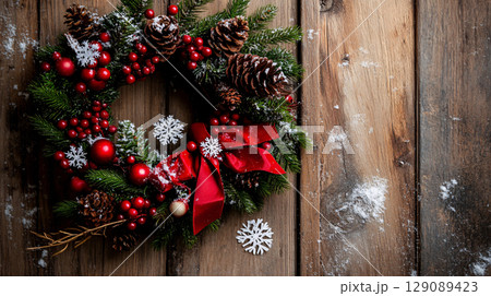 close up of Christmas wreath adorned with red ornaments, pine cones, and snowflakes, creating festive and cheerful atmosphere. Perfect for holiday decorations close up of Christmas wreath adorned with red ornaments, pine cones, and snowflakes, creating festive and cheerful atmosphere. Perfect for holiday decorations 129089423
