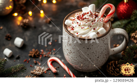 cozy hot cocoa mug topped with whipped cream, marshmallows, and festive candy canes, surrounded by holiday decorations and pine cones, evokes warm, festive atmosphere 129089426