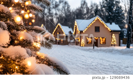 cozy winter scene featuring snowy landscape with charming houses adorned with festive lights. beautifully decorated Christmas tree in foreground adds warmth to serene atmosphere 129089436