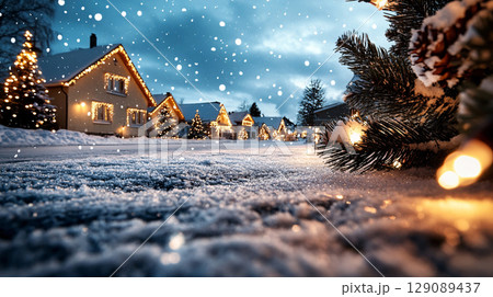 cozy winter scene featuring snowy street lined with charming houses adorned with festive lights. atmosphere is magical, evoking warmth of holiday season 129089437
