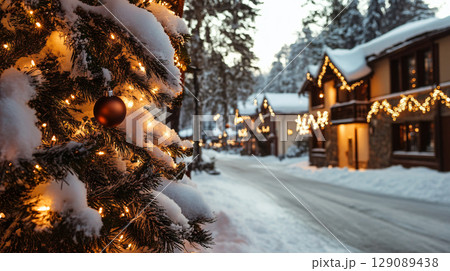 cozy winter scene featuring snow covered street adorned with festive lights and decorations. beautifully lit Christmas tree adds warmth to serene atmosphere 129089438