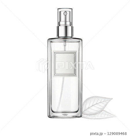 sleek, transparent glass spray bottle with blank label, featuring minimalist design and accompanied by two delicate white leaves for elegant touch 129089468