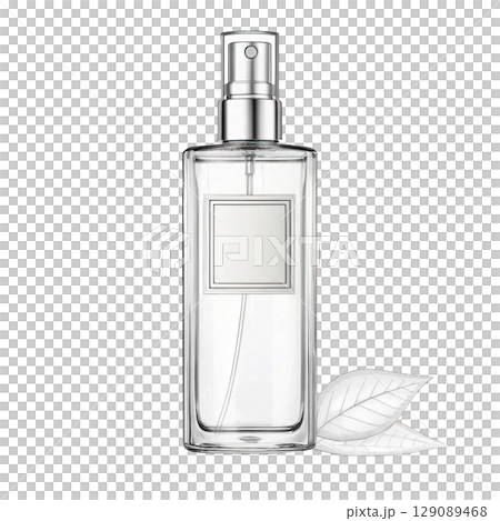 sleek, transparent glass spray bottle with blank label, featuring minimalist design and accompanied by two delicate white leaves for elegant touch 129089468