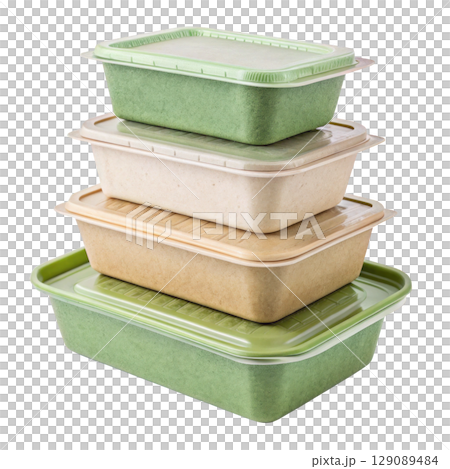 stack of biodegradable food containers green and beige tones, isolated transparency background, showcasing eco friendly and sustainable packaging 129089484