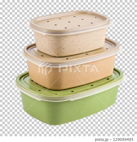 Biodegradable food containers stacked in three sizes, made from eco friendly materials, with perforated lids for ventilation 129089485