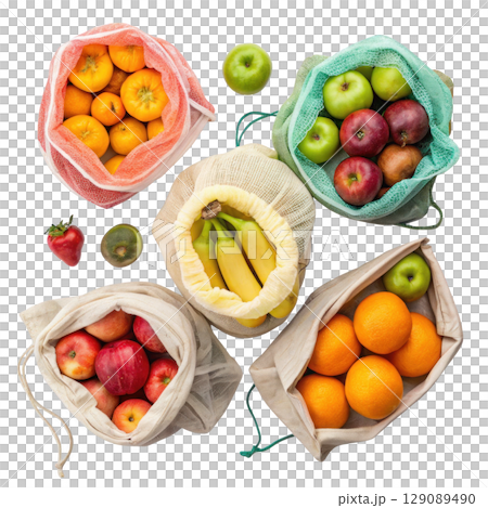Reusable produce bags filled with fresh fruits including apples, oranges, bananas, and strawberries, promoting eco friendly shopping 129089490