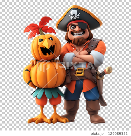 cheerful pirate character stands confidently with whimsical pumpkin creature, both exuding playful and adventurous spirit. Their vibrant colors and fun expressions create lively atmosphere cheerful pirate character stands confidently with whimsical pumpkin creature, both exuding playful and adventurous spirit. Their vibrant colors and fun expressions create lively atmosphere 129089531