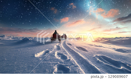 serene snowy winter landscape features sleigh pulled by horses, leaving tracks in fresh snow under starry sky. vibrant sunset adds magical touch to scene 129089607