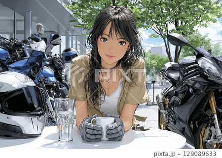 ライダーズカフェ バイクを見ながら休憩する女性ライダーのイラスト