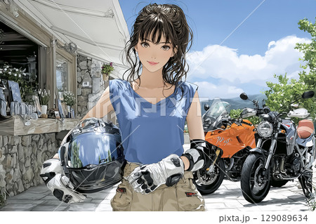 ライダーズカフェ　バイクを見ながら休憩する女性ライダーのイラスト素材 129089634