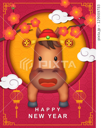Chinese new year of cute cartoon horse and plum blossom spiral curve cloud 129089783