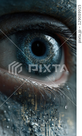 Close up of human eye with digital patterns, blending technology and biology in futuristic style 129089915