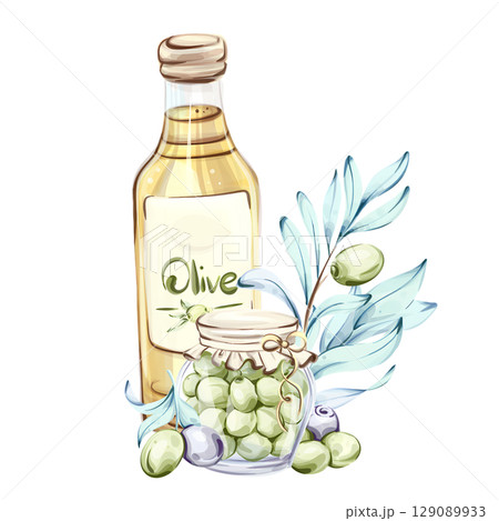 Beautiful watercolor illustration of olives and olive oil highlighting Italian cuisine and nature Beautiful watercolor illustration of olives and olive oil highlighting Italian cuisine and nature 129089933
