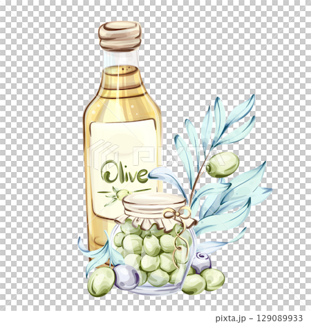 Beautiful watercolor illustration of olives and olive oil highlighting Italian cuisine and nature Beautiful watercolor illustration of olives and olive oil highlighting Italian cuisine and nature 129089933