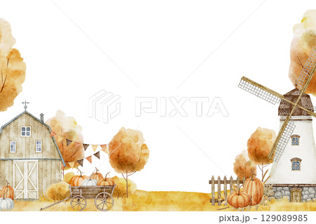 Watercolor Card Template with farm Landscape, pumpkins, windmill, and cart. Illustration of autumn rustic scene for thanksgiving or harvest invitations and seasonal greeting cards. Art with fall trees 129089985