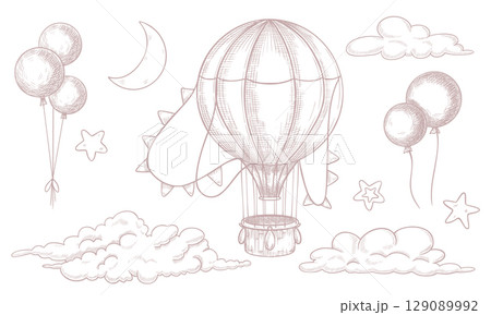 Vector illustration of hot air Balloon, clouds, crescent moon and stars in pastel pink colors. Linear drawing of vintage aircraft for Baby shower greeting cards or newborn party invitations. 129089992
