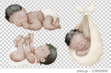 Watercolor illustration of sleeping cute newborn Babies with dark hair. Drawing of Infants for baby shower greeting cards or childish party invitations. Art for nursery design. 129089995