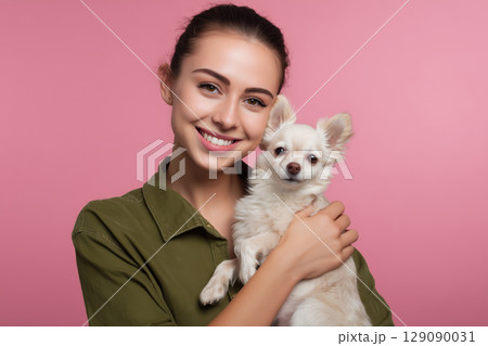 smiling young woman holding chihuahua puppy isolated on pink smiling young woman holding chihuahua puppy isolated on pink 129090031