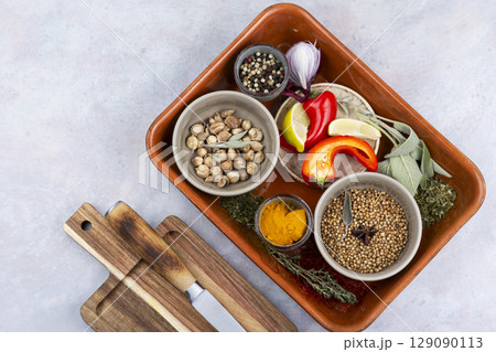 Bowls with various spices. 129090113