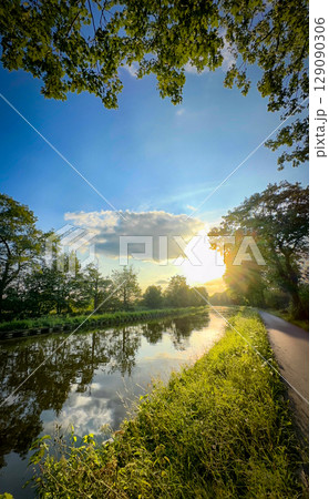 Experience Serene Sunset Reflections Over a Very Peaceful and Tranquil Riverbank at Dusk Experience Serene Sunset Reflections Over a Very Peaceful and Tranquil Riverbank at Dusk 129090306