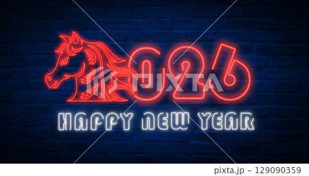 Happy Chinese new year of horse red neon light effect outline 129090359