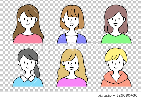 Positive icon set of young women with various hairstyles and fashions 129090480