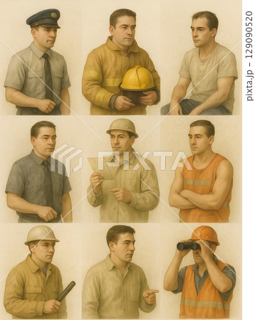 現場作業員と技術者たちの職業ポートレートセット – 多様な職種の男性作業員イラスト 129090520