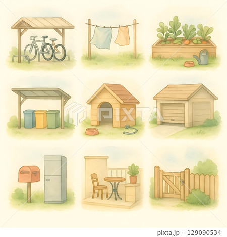住宅まわりの生活設備イラストセット – 駐輪場・ゴミ置き場・家庭菜園・物干しなど 129090534