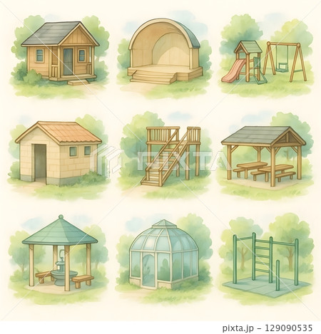 公園の遊具と施設の水彩イラストバリエーション – ベンチ・舞台・温室・東屋・展望台など 公園の遊具と施設の水彩イラストバリエーション – ベンチ・舞台・温室・東屋・展望台など 129090535
