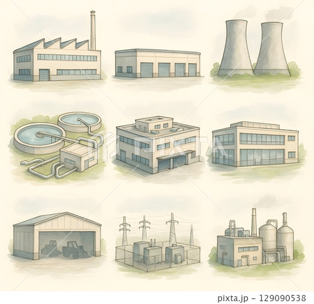 工業・インフラ関連施設の水彩イラストセット – 発電所・上下水処理・工場・送電設備など 129090538
