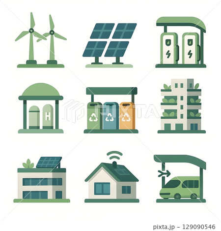 スマートシティと再生可能エネルギー施設のアイコンセット – フラットエコデザイン 129090546